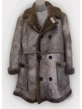 Vintage 70s Men’s Sheepskin Shearling Coat Rustic Wood Buttons Suede Ranch M/L